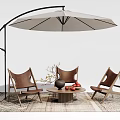 Outdoor Table with Wooden Chairs Patio Umbrella Decorative Fruits and Floor Rug