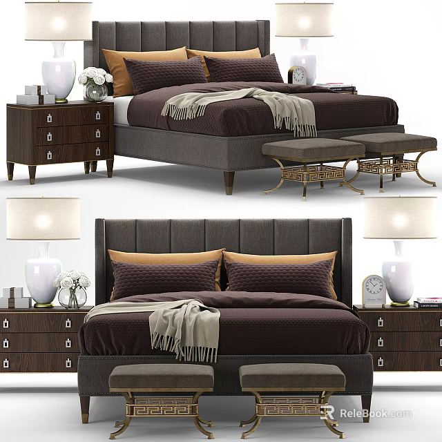 Modern Double Bed Interior With Dark Brown Bedding Gray Headboard Bedside Tables And Stools 3d model 
