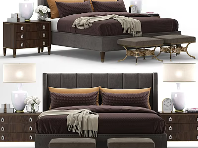 Modern Double Bed Interior With Dark Brown Bedding Gray Headboard Bedside Tables And Stools 3d model