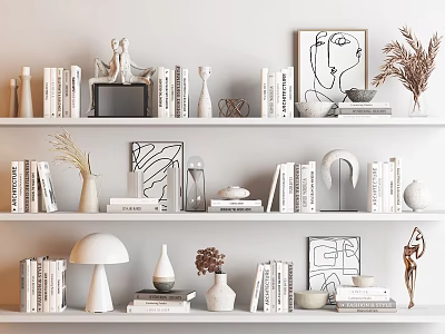 Decorative Ornament Combination With Books Sculptures Vases Plants And Geometric Ornaments On White Shelves 3d model