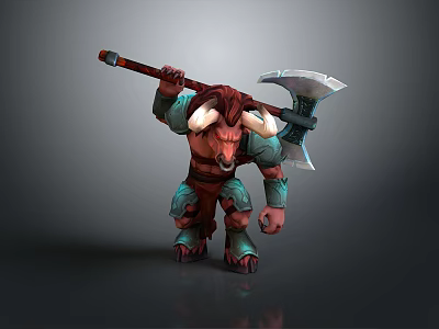 Horned Fantasy Warrior With Red Hair Green Armor Holding Large Battle Axe 3d model