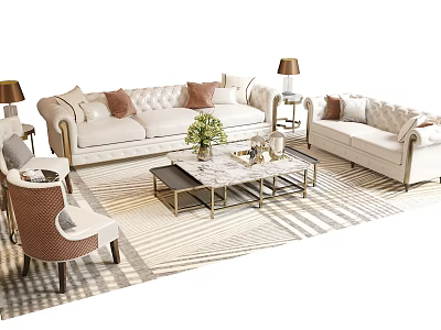 Elegant Modern Sofa Coffee Table Combination With Plush Pillows Striped Rug And Green Plant 3d model