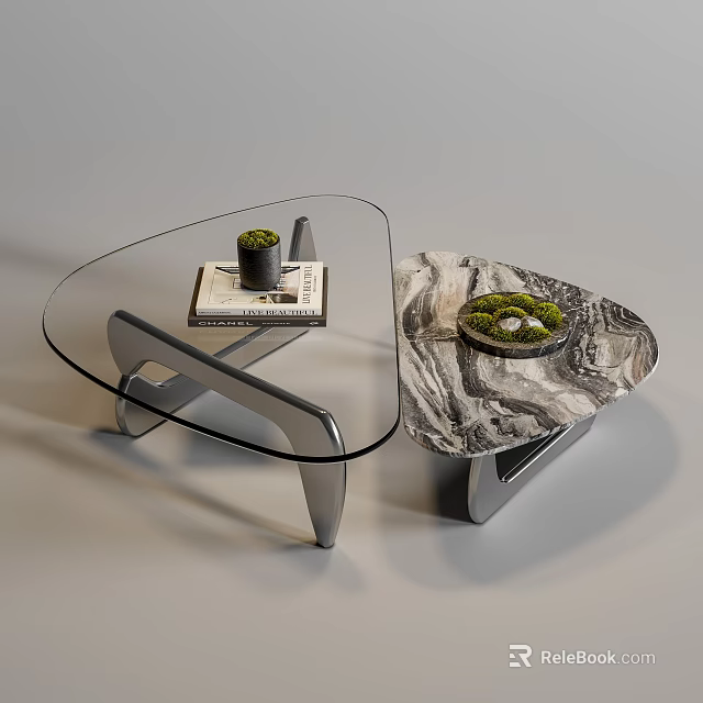 Modern Glass And Marble Coffee Tables With Metal Frame Small Plant And Magazine 3d model 