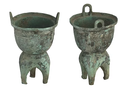 Two Three Legged Ceramic Vessels With Loop Handles And Antique Ornate Surface 3d model