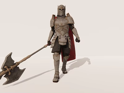 Medieval Man in Full Body Armor Holding Large Battle Axe with Red Cape 3d model