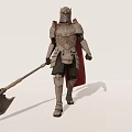 Medieval Man in Full Body Armor Holding Large Battle Axe with Red Cape