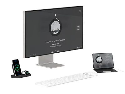 Modern Computer Monitor Setup With Keyboard Mouse Smartphone Tablet And Charging Dock 3d model