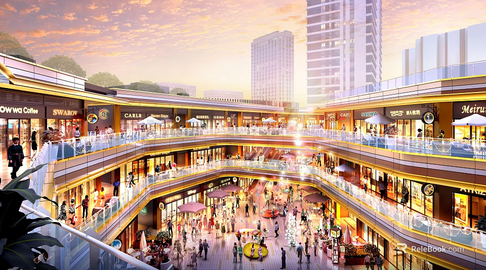 Modern Commercial Street With Multi Floor Stores And Crowded Pedestrians 3d model 