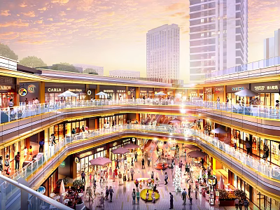 Modern Commercial Street With Multi Floor Stores And Crowded Pedestrians 3d model