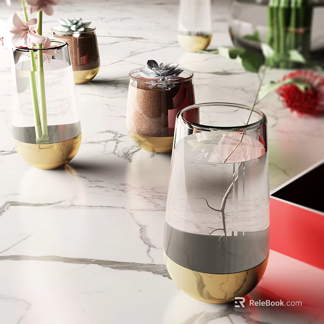 Transparent Glass Vases with Gold Base Holding Fresh Flowers on Marble Countertop 3d model 