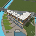 Modern Public Building With Unique Sloped Roofs Glass Windows And Outdoor Pool