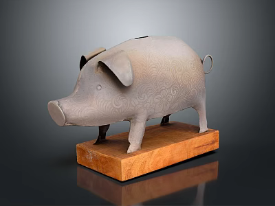 Unique Pig Shaped Piggy Bank Decorative Ornament Set With Textured Design And Wooden Base 3d model