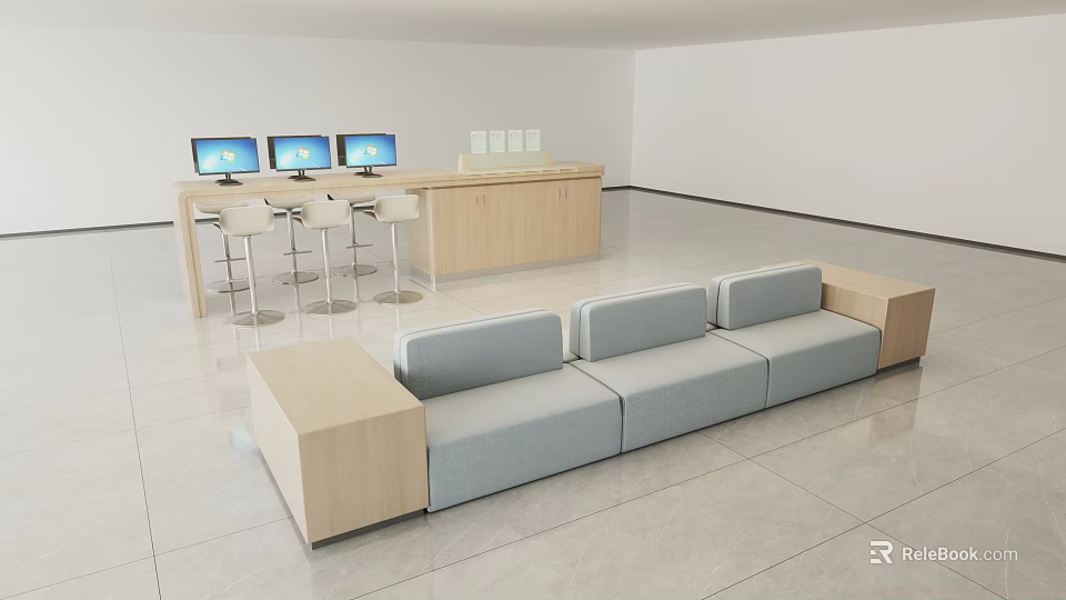 Modern Negotiation Table And Chairs With Light Gray Sofa And Wooden Side Table 3d model 