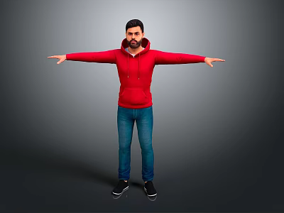 Man In Red Hoodie And Blue Jeans With Arms Outstretched Against Gray Background 3d model
