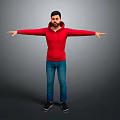Man In Red Hoodie And Blue Jeans With Arms Outstretched Against Gray Background