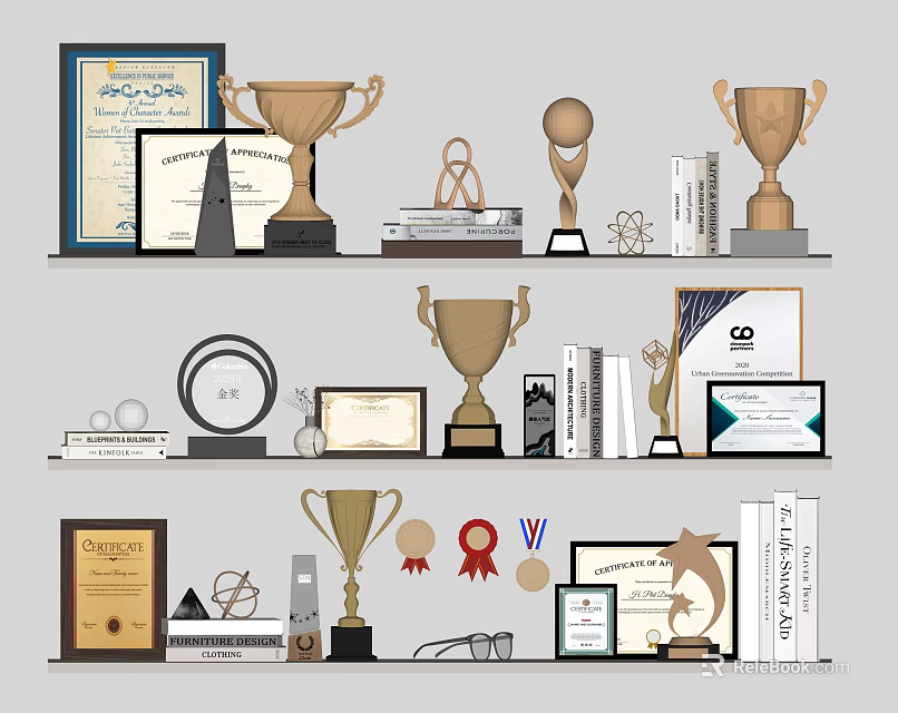 Trophies and Medals Displayed on Shelves with Certificates Books and Decorative Items 3d model 