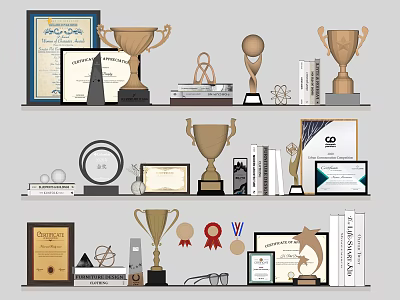 Trophies and Medals Displayed on Shelves with Certificates Books and Decorative Items 3d model