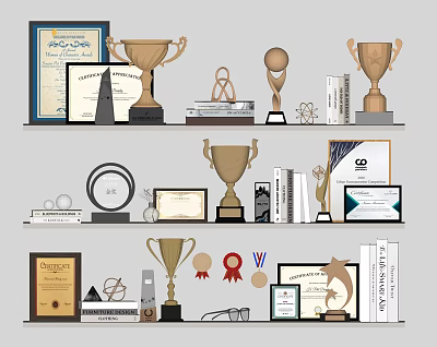 Trophies and Medals Displayed on Shelves with Certificates Books and Decorative Items 3d model