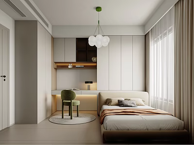 Bright Modern Kids Room Interior Design With Bed Desk Green Chair And Pendant Light 3d model