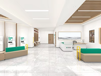 Modern Spacious Bright Bank Lobby Featuring ATMs Green Sofas Marble Floors And Counter 3d model