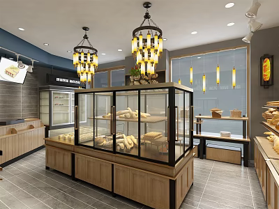Cozy Dessert Shop Interior With Glass Display Cases Fresh Pastries Wooden Counters And Chandeliers 3d model