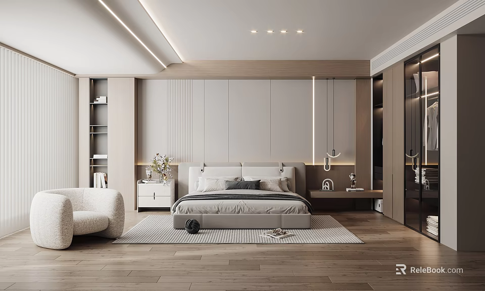 Modern Bedroom Interior With Minimalist Wall Design Area Rug And Accent Chair 3d model 