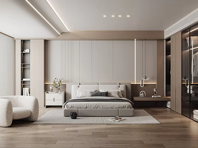 Modern Bedroom Interior With Minimalist Wall Design Area Rug And Accent Chair 3d model