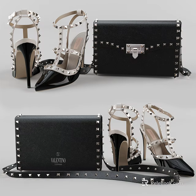 Elegant Valentino Studded Leather Handbag With Matching Black High Heels Design 3d model 