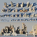 Various Detailed Building Components Including Towers Columns Roofs And