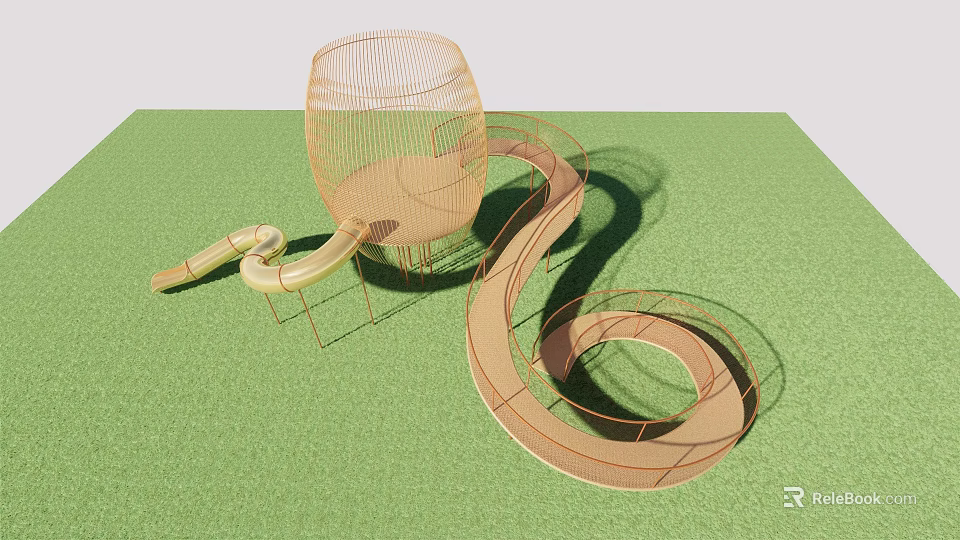 Octopus Shaped Playground Equipment With Net Structure And Curved Slide On Green Grassy Area 3d model 