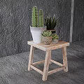 Various Potted Succulents And Cacti On Wooden Stool Against Gray Textured Wall