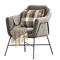 Grey Single Sofa With Plaid Cushion Geometric Fringe Blanket And Metal Legs