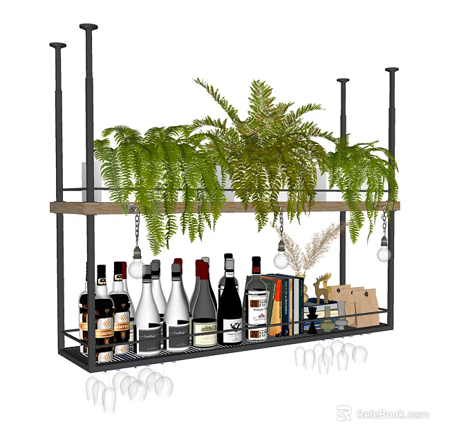 Hanging Wine Cabinet with Metal Frame Wooden Shelf Green Plants and Wine Bottles 3d model 