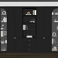 Modern Dark Bookcase With Glass Doors Multiple Shelves Built-in Lighting And Decorative Items