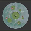 Natural Pond Scene With Lily Pads Pink Lotus Flowers Green Frog And Stems