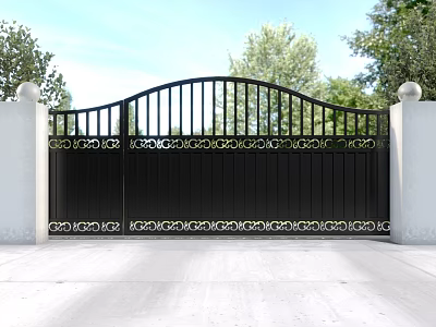 Wrought Iron Entrance Gate With White Pillars Spherical Top Decorations And Trees Blue Sky Background 3d model