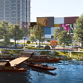 Urban Landscape Garden With Riverside Stones Green Trees Colorful Flowers Pathway And Tall Buildings
