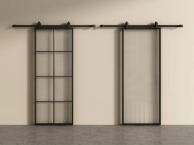 Black Framed Sliding Barn Doors With Grid And Ribbed Glass Panels On Light Colored Wall 3d model