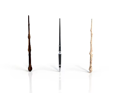 Three Magic Wands Display Different Wooden Designs Brown Black And Light Handles 3d model