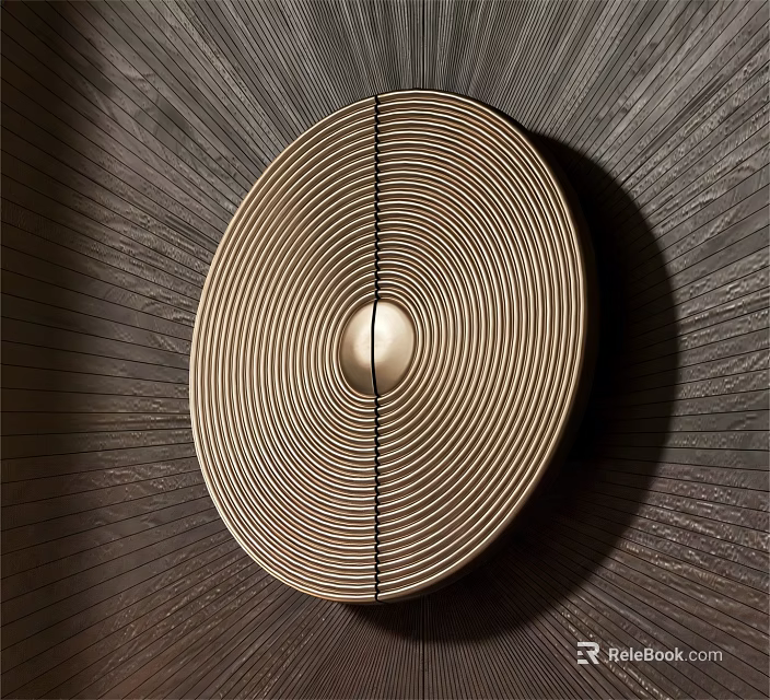Modern Circular Brass Handle With Striped Pattern On Dark Wood Cabinet Door 3d model 