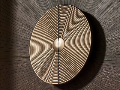 Modern Circular Brass Handle With Striped Pattern On Dark Wood Cabinet Door 3d model