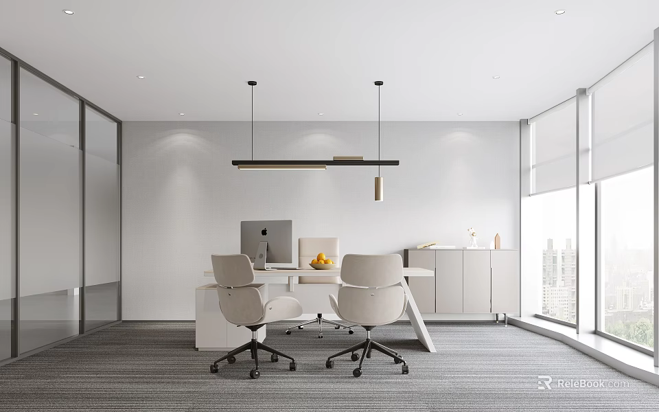 Modern Office Interior With White Desk Office Chairs Hanging Lights And Large Windows 3d model 