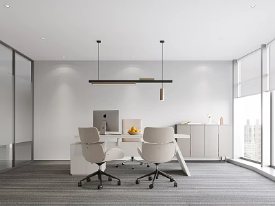 Modern Office Interior With White Desk Office Chairs Hanging Lights And Large Windows 3d model
