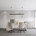 Modern Office Interior With White Desk Office Chairs Hanging Lights And Large Windows