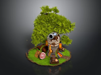 Rustic Outdoor Scene With Green Tree Telescope Target Tools And Circular Grass Base 3d model