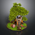 Rustic Outdoor Scene With Green Tree Telescope Target Tools And Circular Grass Base