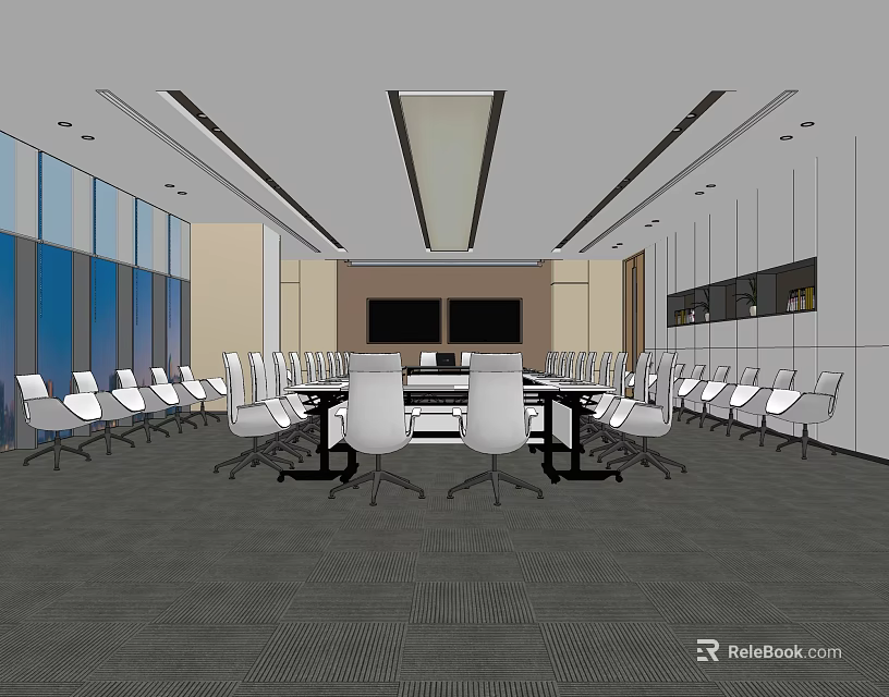 Modern Conference Room Interior With Large Meeting Table Chairs Dual Screens And Windows 3d model 