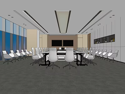 Modern Conference Room Interior With Large Meeting Table Chairs Dual Screens And Windows 3d model
