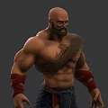 Muscular Male Warrior Character Featuring Red Wristbands Decorative Belt And Gray Boots Front Side Views