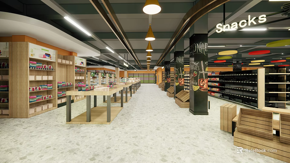 Modern Supermarket Interior With Snack Drinks Sections Wooden Shelves And Bright Lighting 3d model 